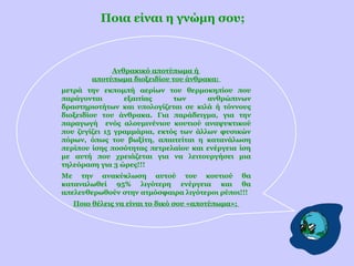 Ποια είναι η γνώμη σου;

Ανθρακικό αποτύπωμα ή
αποτύπωμα διοξειδίου του άνθρακα:
μετρά την εκπομπή αερίων του θερμοκηπίου που
παράγονται
εξαιτίας
των
ανθρώπινων
δραστηριοτήτων και υπολογίζεται σε κιλά ή τόννους
διοξειδίου του άνθρακα. Για παράδειγμα, για την
παραγωγή ενός αλουμινένιου κουτιού αναψυκτικού
που ζυγίζει 15 γραμμάρια, εκτός των άλλων φυσικών
πόρων, όπως του βωξίτη, απαιτείται η κατανάλωση
περίπου ίσης ποσότητας πετρελαίου και ενέργεια ίση
με αυτή που χρειάζεται για να λειτουργήσει μια
τηλεόραση για 3 ώρες!!!
Με την ανακύκλωση αυτού του κουτιού θα
καταναλωθεί 95% λιγότερη ενέργεια και θα
απελευθερωθούν στην ατμόσφαιρα λιγότεροι ρύποι!!!
Ποιο θέλεις να είναι το δικό σου «αποτύπωμα»;

 
