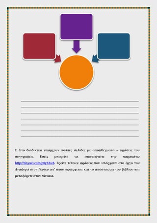 Εργογραφία
1. Αναζητήστε στην ιστοσελίδα http://tinyurl.com/q9mcalc τραγούδια βασισμένα
στα κείμενα του Καζαντζάκη. Επιλέξτε τρία (3) από αυτά και αφού διαβάσετε
τους στίχους, να αναφερθείτε στην κύρια θεματολογία του συγγραφέα, η
οποία φαίνεται να έχει εμπνεύσει τους μουσικούς.
--------------------------------------------------------------------------------------------------------------------------
--------------------------------------------------------------------------------------------------------------------------
--------------------------------------------------------------------------------------------------------------------------
--------------------------------------------------------------------------------------------------------------------------
--------------------------------------------------------------------------------------------------------------------------
--------------------------------------------------------------------------------------------------------------------------
--------------------------------------------------------------------------------------------------------------------------
 