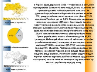 Рідна мова — українська.

Діаграма співвідношення мов

Рідна мова — російська.

В Україні одна державна мова — українська. У світі, нею
користуютьтся близько 45 млн людей, і вона належить до
третього десятка найпоширеніших мов світу. За
данимиВсеукраїнського Перепису Населення України
2001 року, українську мову вважають за рідну 67,5 %
населення України, що на 2,8 % більше, ніж за даними
перепису населення 1989року. Конституція України
гарантує вільний розвиток мов національних та етнічних
меншин що проживають на території України[Джерело?]
(див. також Європейська хартія регіональних мов). Так,
29,6 % населення визначили за рідну російську мову.
Проте, українською мовою вільно володіють 87,8%
громадян. Найвищий відсоток осіб, які вільно володію
українською мовою, спостерігається серед населення
західних (99-89%), північних (99-95%) та центральних
(понад 70%) областей. Російською мовою володіє дві
третини населення України. Вона більше поширена на
півдні та сході України. У великих містах сходу й півдня
України помітна перевага російської мови в щоденному
спілкуванні, незважаючи на значну частку населення, що
вказало українську як рідну мову.

 