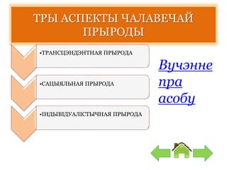 ТРЫ АСПЕКТЫ ЧАЛАВЕЧАЙ
ПРЫРОДЫ
•ТРАНСЦЭНДЭНТНАЯ ПРЫРОДА
•САЦЫЯЛЬНАЯ ПРЫРОДА
•ІНДЫВІДУАЛІСТЫЧНАЯ ПРЫРОДА
Вучэнне
пра
асобу
 