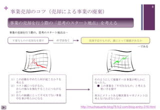 + 事業売却のコツ（売却による事業の廃棄）

8

事業の売却を行う際の「思考のスタート地点」を考える
事業の売却を行う際の，思考のスタート地点は…
不要なものの売却先を探す

のではなく

売却予定のものが，誰にとって価値があるか
…である

１）この活動をやめたら何が起こるか？を
考える
２）コスト減につながるか，
自らの強みを強化することにつながる
か？
３）自らの組織にとって不可欠でない事業
や仕事が明らかになる

そのようにして廃棄すべき事業が明らかに
なったら，
● この事業を「不可欠なもの」と考える
買い手を探す
双方にメリットある解決策をマネジメントは
考えなければならない

http://muchasuerte.blog78.fc2.com/blog-entry-316.html

 
