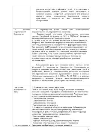 учитывая возрастные особенности детей. В соответствии с
вышесказанным, новизна данного опыта заключается в
создании системы внеурочной деятельности для учащихся
среднего звена, позволяющую формировать личность
гражданина – патриота во всех аспектах понятия
«патриотизм».

наличие
В теоретическом плане данная тема инновационного
теоретической
педагогического опыта разработана на основе:
базы опыта;
Государственной программы «Патриотическое воспитание
граждан Российской Федерации на 2011 - 2015 годы" (Утверждена
постановлением Правительства Российской Федерации
от 5 октября 2010 г. № 795 ) Многие мыслители и педагоги

прошлого,
раскрывая роль патриотизма в процессе личностного становления
человека, указывали на их многостороннее формирующее влияние.
Так, например, К.Д.Ушинский считал, что патриотизм является не
только важной задачей воспитания, но и могучим педагогическим
средством: «Как нет человека без самолюбия, так нет человека без
любви к отечеству, и эта любовь дает воспитанию верный ключ к
сердцу человека и могущественную опору для борьбы с его
дурными, природными, личными, семейными и родовыми
наклонностями»
Немаловажную роль при описании опыта сыграли статьи
Мазыкиной Н., Монахова А. «Методические рекомендации по
совершенствованию военно-патриотического воспитания детей и
подростков», Быкова А. «Патриотическое воспитание школьников
при преподавании дисциплин гуманитарного цикла» в журнале
«Воспитание школьников» № 6 2003г., № 10 2005 г., в которых
раскрываются основные аспекты воспитательно-развивающего
потенциала преподавания гуманитарных дисциплин в школе.
-ведущая
педагогическая
идея;

1) Идея последовательного воспитания.
Педагог постепенно ведёт детей по пути осознания значимости
человека в обществе, государстве, понимания того, что достоинство
гражданина определяется силою его патриотизма. Реализация идеи
осуществляется через следующие основополагающие блоки:
- Патриотическое сознание
- Патриотические чувства
- Патриотические отношения
- Патриотическая деятельность
2) Идея разностороннего обучения и воспитания. Гибкая система
урочной деятельности предполагает разработку и включение
разнообразных форм обучения, направленных на разностороннее
восприятие учащимися понятия «патриотизм».
- Чувство любви к своему народу
- Любовь к своей Родине
- Верность воинскому долгу, беззаветная служба Родине
- Духовное и нравственное начало каждого гражданина
- оптимальность и Принципы учебно-воспитательного процесса
8

 