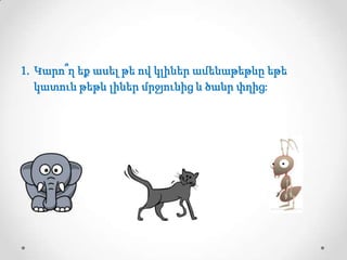 1. Կարո՞ղ եք ասել թե ով կլիներ ամենաթեթևը եթե
կատուն թեթև լիներ մրջյունից և ծանր փղից:

 