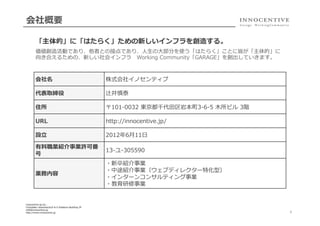 会社概要
「主体的」に「はたらく」ための新しいインフラを創造する。
価値創造活動であり、他者との接点であり、⼈人⽣生の⼤大部分を使う「はたらく」ことに皆が「主体的」に
向き合えるための、新しい社会インフラ 　Working  Community「GARAGE」を創出していきます。

会社名

株式会社イノセンティブ

代表取締役

辻井慎泰

住所

〒101-‐‑‒0032  東京都千代⽥田区岩本町3-‐‑‒6-‐‑‒5  ⽊木所ビル  3階

URL

http://innocentive.jp/

設⽴立立

2012年年6⽉月11⽇日

有料料職業紹介事業許可番
号

13-‐‑‒ユ-‐‑‒305590

業務内容

・新卒紹介事業
・中途紹介事業（ウェブディレクター特化型）
・インターンコンサルティング事業
・教育研修事業

innocentive-‐‑‒jp.inc..
Chiyodaku  iwamotocho3-‐‑‒6-‐‑‒5  Kidokoro  Building  3F
info@innocentive.jp
http://www.innocentive.jp

6

 