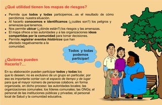 ¿Qué utilidad tienen los mapas de riesgos?
! Permite que todos y todas participemos…es el resultado de cómo
percibimos nuestra situación.
! Al hacerlo conocemos e identificamos (¿cuáles son?) los peligros y
amenazas que tenemos.
! Nos permite ubicar (¿dónde están?) los riesgos y las amenazas.
! El mapa ofrece a las autoridades y a las organizaciones ideas
compartidas por la comunidad para tomar decisiones.
! Permite registrar eventos históricos que han
afectado negativamente a la
comunidad.

¿Quiénes pueden
Hacerlo?…

Todos y todas
podemos
participar!

En su elaboración pueden participar todos y todas los
que lo deseen; no es exclusivo de un grupo en particular, por
eso es importante contar con el espacio de tiempo y de lugar
para que el mayor número de personas colabore, en forma
organizada, en dicho proceso: las autoridades locales; las
organizaciones comunales; los líderes comunales; las ONGs; el
personal de las instituciones públicas y privadas; el personal
local de Salud y la comunidad educativa.

 