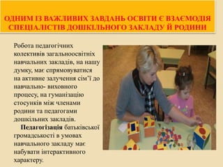 ОДНИМ ІЗ ВАЖЛИВИХ ЗАВДАНЬ ОСВІТИ Є ВЗАЄМОДІЯ
СПЕЦІАЛІСТІВ ДОШКІЛЬНОГО ЗАКЛАДУ Й РОДИНИ
Робота педагогічних
колективів загальноосвітніх
навчальних закладів, на нашу
думку, має спрямовуватися
на активне залучення сім’ї до
навчально- виховного
процесу, на гуманізацію
стосунків між членами
родини та педагогами
дошкільних закладів.
Педагогізація батьківської
громадськості в умовах
навчального закладу має
набувати інтерактивного
характеру.

 
