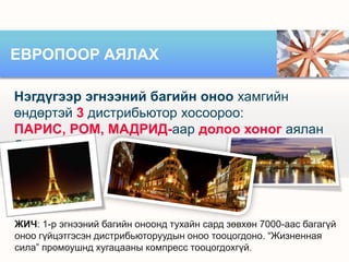ЕВРОПООР АЯЛАХ
Нэгдүгээр эгнээний багийн оноо хамгийн
өндөртэй 3 дистрибьютор хосоороо:
ПАРИС, РОМ, МАДРИД-аар долоо хоног аялан
болно.

ЖИЧ: 1-р эгнээний багийн оноонд тухайн сард зөвхөн 7000-аас багагүй
оноо гүйцэтгэсэн дистрибьюторуудын оноо тооцогдоно. “Жизненная
сила” промоушнд хугацааны компресс тооцогдохгүй.

 