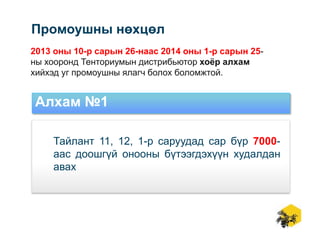 Промоушны нөхцөл
2013 оны 10-р сарын 26-наас 2014 оны 1-р сарын 25ны хооронд Тенториумын дистрибьютор хоёр алхам
хийхэд уг промоушны ялагч болох боломжтой.

Алхам №1
Тайлант 11, 12, 1-р саруудад сар бүр 7000аас доошгүй онооны бүтээгдэхүүн худалдан
авах

 