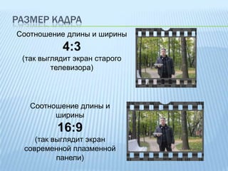 РАЗМЕР КАДРА
Соотношение длины и ширины

4:3
(так выглядит экран старого
телевизора)

Соотношение длины и
ширины

16:9
(так выглядит экран
современной плазменной
панели)

 