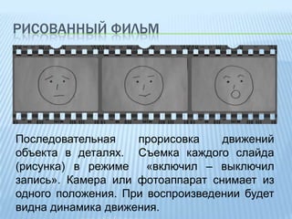 РИСОВАННЫЙ ФИЛЬМ

Последовательная
прорисовка
движений
объекта в деталях. Съемка каждого слайда
(рисунка) в режиме
«включил – выключил
запись». Камера или фотоаппарат снимает из
одного положения. При воспроизведении будет
видна динамика движения.

 