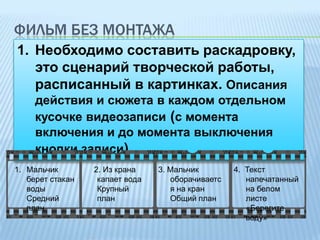 ФИЛЬМ БЕЗ МОНТАЖА
1. Необходимо составить раскадровку,
это сценарий творческой работы,
расписанный в картинках. Описания
действия и сюжета в каждом отдельном
кусочке видеозаписи (с момента
включения и до момента выключения
кнопки записи)
1. Мальчик
берет стакан
воды
Средний
план

2. Из крана
капает вода
Крупный
план

3. Мальчик
оборачиваетс
я на кран
Общий план

4. Текст
напечатанный
на белом
листе
«Берегите
воду»

 