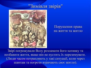 "Зимівля звірів"

Порушення права
на життя та житло

Звірі погрожували Волу розламати його хатинку та
позбавити життя, якщо він не пустить їх перезимувати.
(Люди часом потрапляють у такі ситуації, коли через
шантаж та погрози втрачають своє житло).

 