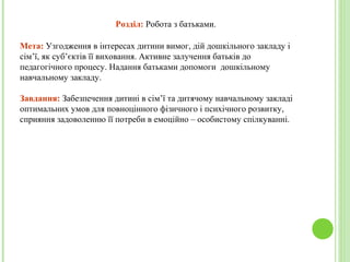 Розділ: Робота з батьками.
Мета: Узгодження в інтересах дитини вимог, дій дошкільного закладу і
сім’ї, як суб’єктів її виховання. Активне залучення батьків до
педагогічного процесу. Надання батьками допомоги дошкільному
навчальному закладу.
Завдання: Забезпечення дитині в сім’ї та дитячому навчальному закладі
оптимальних умов для повноцінного фізичного і психічного розвитку,
сприяння задоволенню її потреби в емоційно – особистому спілкуванні.

 