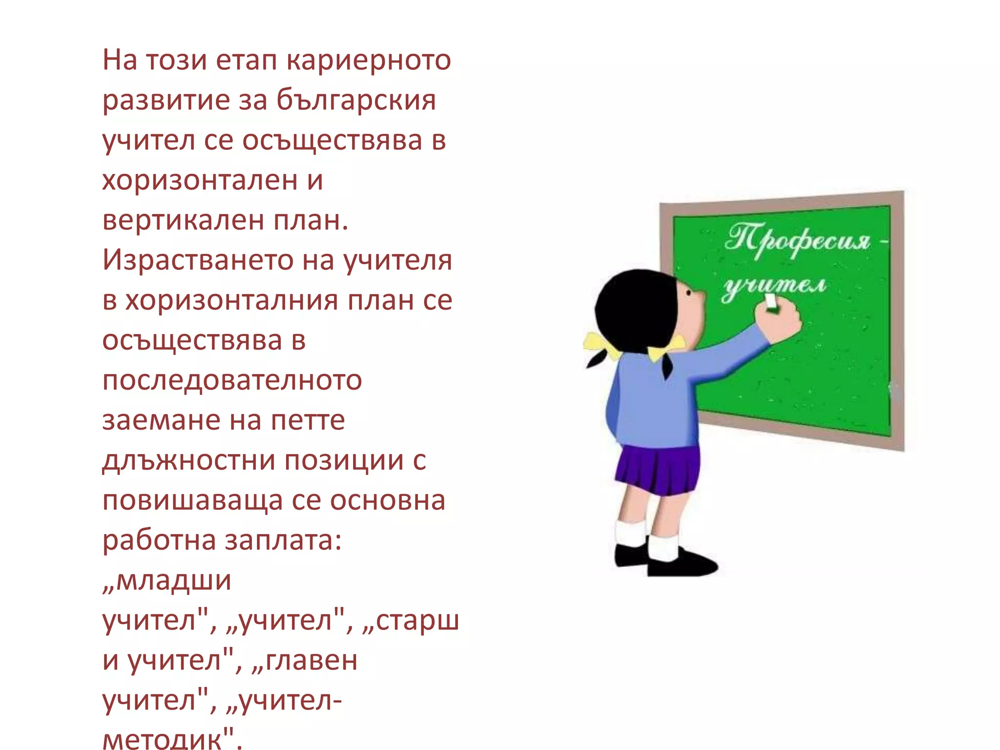 На този етап кариерното
развитие за българския
учител се осъществява в
хоризонтален и
вертикален план.
Израстването на учителя
в хоризонталния план се
осъществява в
последователното
заемане на петте
длъжностни позиции с
повишаваща се основна
работна заплата:
„младши
учител", „учител", „старш
и учител", „главен
учител", „учителметодик".

 