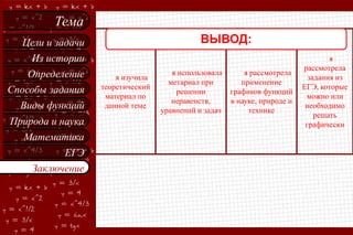 Тема
Цели и задачи
Из истории
Определение
Способы задания
Виды функций
Природа и наука
Математика
ЕГЭ
Заключение

ВЫВОД:
я изучила
теоретический
материал по
данной теме

я использовала
метариал при
решении
неравенств,
уравнений и задач

я рассмотрела
применение
графиков функций
в науке, природе и
технике

я
рассмотрела
задания из
ЕГЭ, которые
можно или
необходимо
решать
графически

 