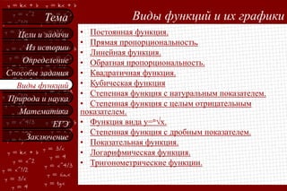 Тема
Цели и задачи
Из истории
Определение
Способы задания
Виды функций
Природа и наука
Математика
ЕГЭ
Заключение

Виды функций и их графики
• Постоянная функция.
• Прямая пропорциональность.
• Линейная функция.
• Обратная пропорциональность.
• Квадратичная функция.
• Кубическая функция
• Степенная функция с натуральным показателем.
• Степенная функция с целым отрицательным
показателем.
• Функция вида у=n√х.
• Степенная функция с дробным показателем.
• Показательная функция.
• Логарифмическая функция.
• Тригонометрические функции.

 