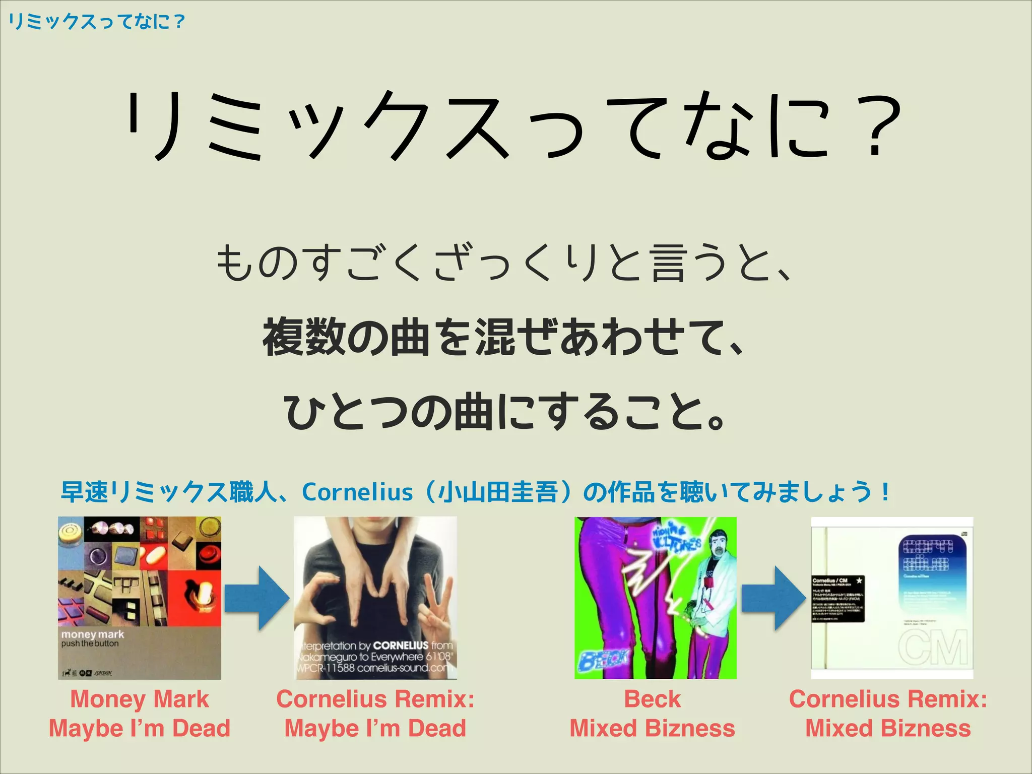 リミックスってなに？

リミックスってなに？
ものすごくざっくりと言うと、
複数の曲を混ぜあわせて、
ひとつの曲にすること。
早速リミックス職人、Cornelius（小山田圭吾）の作品を聴いてみましょう！

Money Mark!
Maybe I’m Dead

Cornelius Remix:!
Maybe I’m Dead

Beck!
Mixed Bizness

Cornelius Remix:!
Mixed Bizness

 
