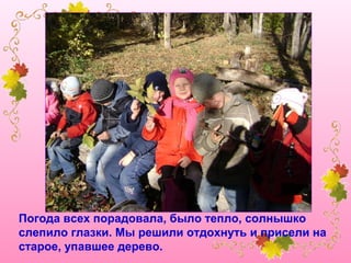 Погода всех порадовала, было тепло, солнышко
слепило глазки. Мы решили отдохнуть и присели на
старое, упавшее дерево.

 
