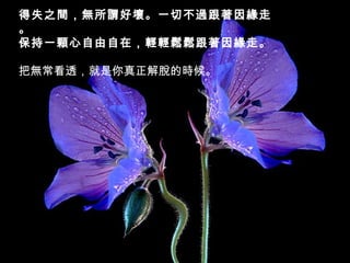 得失之間，無所謂好壞。一切不過跟著因緣走
。
保持一顆心自由自在，輕輕鬆鬆跟著因緣走。
   
把無常看透，就是你真正解脫的時候。 

 