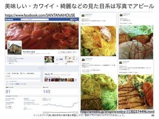 美味しい・カワイイ・綺麗などの見た目系は写真でアピール
https://www.facebook.com/SANTANAHOUSE

http://ameblo.jp/enspire/entry-11302574496.html
イーンスパイア(株) 横田秀珠の著作権を尊重しつつ、是非ノウハウはシェアして行きましょう。

66

 