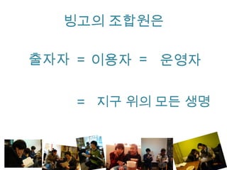 공동체은행 빙고 현황
조합원 165명

총자산

공동체 12곳

13000만원

출자금

23000만원

공동체공간

19000만원

5000만원

차입금

공동체은행

공동체사업

300만원

2500만원

공동체

공동체출자

400만원

2500만원

적립금

공동체회원

3300만원

빙고
잉여금
1400만원

출자지지금

빙고적립금

공동체기금

지구분담금

출자금의 3%

잉여금의 30%

잉여금의 25%

잉여금의 10%

 