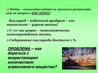  Подвиг – синезелѐные водоросли научились расщеплять
воду на водород и КИСЛОРОД!
Кислород – побочный продукт – его
накопление – угроза жизни!
o

o С «11 час утра» - невозможность
самозарождения жизни.

o Содержание кислорода достигло 1 %.

ПРОБЛЕМА – как
бороться с
возрастающим
количеством
агрессивного вещества?

 