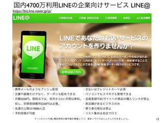 国内4700万利用LINEの企業向けサービス LINE@

https://biz.line.naver.jp/ja/

・携帯メールのようなプッシュ配信

・支払いはクレジットカード必須

・文書や画像だけでなく、クーポンも配布できる

・パソコンでもスマホでも管理できる

・月額5250円。現時点では、初月から3ヶ月間は無料。・会員登録やECサイトへの商品の購入リンクが禁止
 但し、初期登録費用5250円は必要。

・実店舗があるビジネスのみ

・友達の上限は10000人

・第３者の宣伝は禁止

・予約投稿が可能

・リスト集めは自店で行う

イーンスパイア(株) 横田秀珠の著作権を尊重しつつ、是非ノウハウはシェアして行きましょう。

12

 