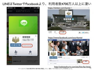 LINEはTwitterやFacebookより、利用者数4700万人以上に凄い
https://twitter.com/kantei

https://www.facebook.com/sourikantei

http://yokotashurin.com/etc/line-fan.html
15

イーンスパイア(株) 横田秀珠の著作権を尊重しつつ、是非ノウハウはシェアして行きましょう。

 