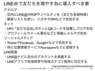 LINE@で友だちを増やす為に導入すべき事
アナログ
・店内にLINE@のPOPやノベルティを（友だち登録特典）
・顧客リストを使い、ハガキやDMなどで告知する
ネット
・HPに｢友だち追加｣ボタンとQRコードを設置しブログ告知
・プロフィールやメール署名などに掲載しメルマガ告知
ソーシャルメディア
・TwitterやFacebook、Google+などで告知する
・特に位置情報サービスFoursquareなどに登録する
LINE関連
・LINE@ナビに自分のアカウントを掲載する
・LINEアプリで地域検索や地域カテゴリ検索に対応する
http://yokotashurin.com/sns/line-friends.html
イーンスパイア(株) 横田秀珠の著作権を尊重しつつ、是非ノウハウはシェアして行きましょう。

25

 