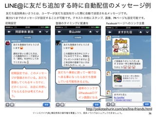 LINE@に友だち追加する時に自動配信のメッセージ例
友だち追加時あいさつとは、ユーザーが友だち追加を行った際に自動で送信されるメッセージです。
最大5つまでのメッセージが設定することが可能です。テキストの他にスタンプ、画像、PRページも設定可能です。
初期設定

登録のタイミングに配慮を

初期設定では、このメッセー

友だちへ事前に誘って一緒で店

ジが登録されている。友だち

へ来る事になったら友だち登録

登録してくれるキッカケに、

Facebookページへのリンク注意

している可能性あるよね。

どのくらいに、お店に共感し

通常のリンクで

てもらえるかは考えてみよ

はFacebookログ

う。

イン画面になる

http://yokotashurin.com/sns/line-friends.html
イーンスパイア(株) 横田秀珠の著作権を尊重しつつ、是非ノウハウはシェアして行きましょう。

36

 