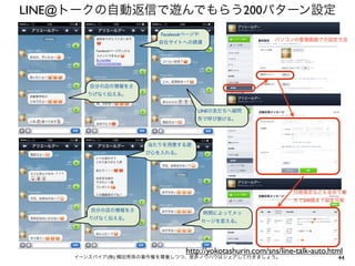 LINE@トークの自動返信で遊んでもらう200パターン設定
Facebookページや

パソコンの管理画面での設定方法

自社サイトへの誘導

自分の店の情報をさ
りげなく伝える。
LINEの友だちへ疑問
形で呼び掛ける。

当たりを用意する遊
び心を入れる。

日時指定なども含めて最
大で200個まで設定可能
自分の店の情報をさ
りげなく伝える。

時間によってメッ
セージを変える。

http://yokotashurin.com/sns/line-talk-auto.html

イーンスパイア(株) 横田秀珠の著作権を尊重しつつ、是非ノウハウはシェアして行きましょう。

44

 
