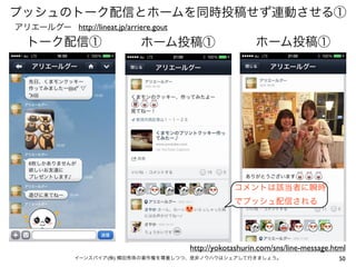 プッシュのトーク配信とホームを同時投稿せず連動させる①
アリエールグー http://lineat.jp/arriere.gout

トーク配信①

ホーム投稿①

ホーム投稿①

コメントは該当者に瞬時
でプッシュ配信される

http://yokotashurin.com/sns/line-message.html
イーンスパイア(株) 横田秀珠の著作権を尊重しつつ、是非ノウハウはシェアして行きましょう。

50

 