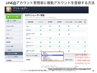 LINE@アカウント管理者に複数アカウントを登録する方法

追加する管理者アカ
ウントはメールアド
レス認証を事前に終
えておかないといけ
ない。

http://yokotashurin.com/sns/line-message.html

イーンスパイア(株) 横田秀珠の著作権を尊重しつつ、是非ノウハウはシェアして行きましょう。

52

 