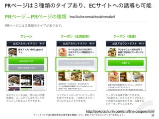 PRページは３種類のタイプあり、ECサイトへの誘導も可能
http://biz.line.naver.jp/docs/ja/manual.pdf

http://yokotashurin.com/sns/line-coupon.html
イーンスパイア(株) 横田秀珠の著作権を尊重しつつ、是非ノウハウはシェアして行きましょう。

55

 