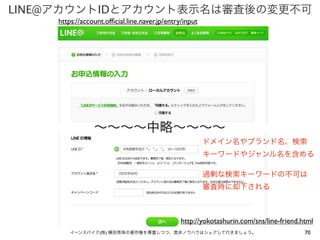 LINE@アカウントIDとアカウント表示名は審査後の変更不可
https://account.ofﬁcial.line.naver.jp/entry/input

∼∼∼∼中略∼∼∼∼
ドメイン名やブランド名、検索
キーワードやジャンル名を含める
過剰な検索キーワードの不可は
審査時に却下される

http://yokotashurin.com/sns/line-friend.html
イーンスパイア(株) 横田秀珠の著作権を尊重しつつ、是非ノウハウはシェアして行きましょう。

70

 