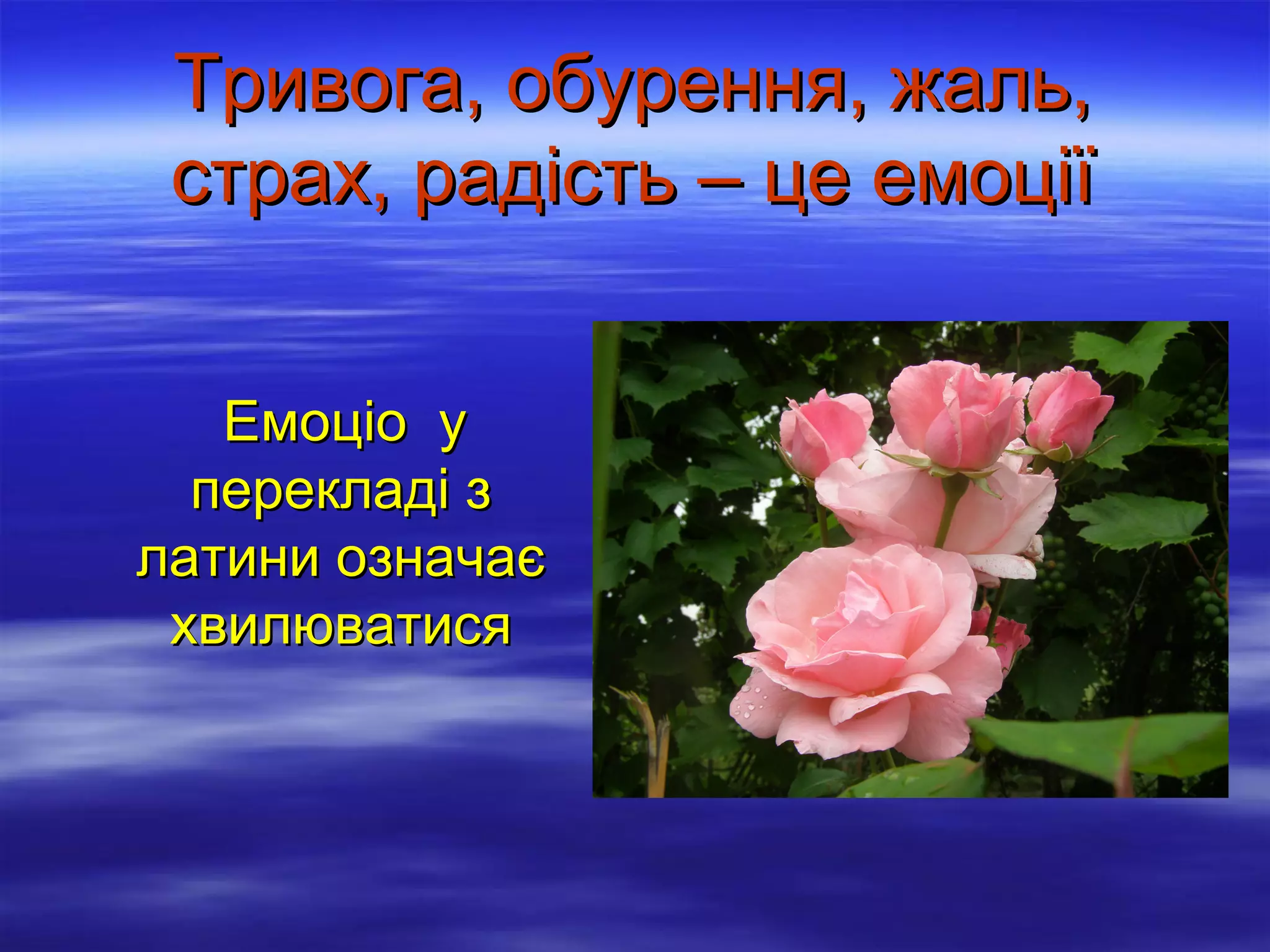 Тривога, обурення, жаль,
страх, радість – це емоції
Емоціо у
перекладі з
латини означає
хвилюватися

 