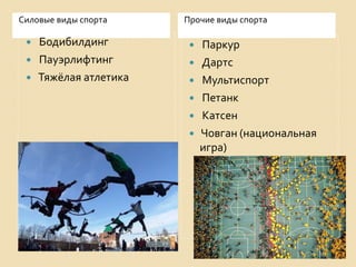 Силовые виды спорта

Бодибилдинг
 Пауэрлифтинг
 Тяжёлая атлетика


Прочие виды спорта

Паркур
 Дартс
 Мультиспорт
 Петанк
 Катсен
 Човган (национальная
игра)


 