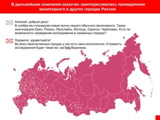 В дальнейшем компания-заказчик заинтересовалась проведением
мониторинга в других городах России
Алексей, добрый день!
В ноябре мы планируем новую волну нашего обычного мониторинга. Также
анализируем Орел, Рязань, Ярославль, Вологду, Саранск, Череповец. Есть ли
возможность проведения исследования в названных городах?
Людмила, здравствуйте!
Во всех перечисленных городах у нас есть свои исполнители. Стоимость
исследования будет такая же, как для Воронежа.

 