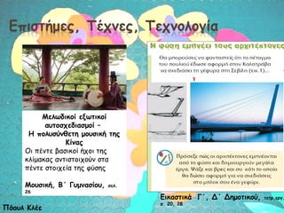 Μελωδικοί εξωτικοί
αυτοσχεδιασμοί –
Η πολυσύνθετη μουσική της
Κίνας
Οι πέντε βασικοί ήχοι της
κλίμακας αντιστοιχούν στα
πέντε στοιχεία της φύσης
Μουσική, Β΄ Γυμνασίου,
26

Πάουλ Κλέε

σελ.

Εικαστικά Γ΄, Δ΄ Δημοτικού,
σ. 20, 28

τετρ.εργ.

 