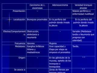 Presentación:

Carcinoma de c.
escamosas
-

Adenocarcinoma
-

Localización: Bronquios proximales En la periferia del
pulmón donde invade
la pleura

Efectos/Comportamient Obstrucción,
o: atelectasia o
neumonía
Frecuencia: Varones
Metástasis: Ganglios linfáticos
hiliares y
mediastínicos

Origen:

-

Se asocia a:

-

-

Mujeres
Gran capacidad y
Etapa por etapa se
empeora el pronostico

En las glándulas de la
mucosa, epitelio de los
bronquios o
bronquiolos
Zonas de fibrosis por

Variedad bronquio
alveolar
Nódulo periférico o
enfermedad multifocal
En la periferia del
pulmón donde invade
la pleura

Variable (Metástasis
tardía o Neumonía que
progresa con
celeridad)
Tardía.

“”

“”

 