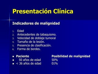 Presentación Clínica
Indicadores de malignidad
1.
2.
3.

4.
5.
6.





Edad
Antecedentes de tabaquismo.
Velocidad de doblaje tumoral
Tamaño de la lesión.
Presencia de clasificación.
Forma de bordes.
Paciente
50 años de edad
< 36 años de edad

Posibilidad de malignidad
50%
01%

 