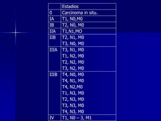 0
IA
IB
IIA
IIB
IIIA

IIIB

IV

Estadios
Carcinoma in situ.
T1, N0,M0
T2, N0, M0
T1,N1,MO
T2, N1, M0
T3, N0, M0
T3, N1, M0
T1, N2, M0
T2, N2, M0
T3, N2, M0
T4, N0, M0
T4, N1, M0
T4, N2,M0
T1, N3, M0
T2, N3, M0
T3, N3, M0
T4, N3, M0
T1, N0 – 3, M1

 