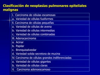 Clasificación de neoplasias pulmonares epiteliales
malignas
l. Carcinoma de células escamosas
a. Variedad de células fusiformes
ll. Carcinoma de células pequeñas
a. Variedad de células de avena
b. Variedad de células intermedias
c. Variedad de células combinadas
lll. Adenocarcinoma
a. Acinar
b. Papilar
c. Bronquioalveolar
d. Variedad solida secretora de mucina
lV. Carcinoma de células grandes indiferenciadas
a. Variedad de células gigantes
b. Variedad de células claras
V. Carcinoma adenoescamoso

 