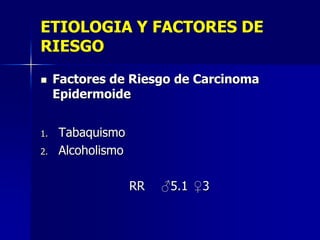 ETIOLOGIA Y FACTORES DE
RIESGO


1.
2.

Factores de Riesgo de Carcinoma
Epidermoide
Tabaquismo
Alcoholismo
RR

♂5.1 ♀3

 
