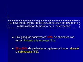 La rica red de vasos linfáticos submucosos predispone a
la diseminación temprana de la enfermedad.





Hay ganglios positivos en 10% de pacientes con
tumor limitado a la mucosa (T1).
38 a 60% de pacientes en quienes el tumor alcanzó
la submucosa (T2).

 