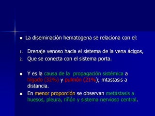 

1.
2.





La diseminación hematogena se relaciona con el:
Drenaje venoso hacia el sistema de la vena ácigos,
Que se conecta con el sistema porta.
Y es la causa de la propagación sistémica a
hígado (32%) y pulmón (21%); mtastasis a
distancia.
En menor proporción se observan metástasis a
huesos, pleura, riñón y sistema nervioso central.

 