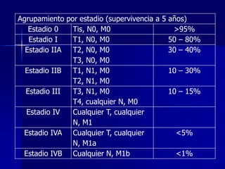 Agrupamiento por estadio (supervivencia a 5 años)
Estadio 0
Tis, N0, M0
>95%
Estadio I
T1, N0, M0
50 – 80%
Estadio IIA
T2, N0, M0
30 – 40%
T3, N0, M0
Estadio IIB
T1, N1, M0
10 – 30%
T2, N1, M0
Estadio III
T3, N1, M0
10 – 15%
T4, cualquier N, M0
Estadio IV
Cualquier T, cualquier
N, M1
Estadio IVA Cualquier T, cualquier
<5%
N, M1a
Estadio IVB Cualquier N, M1b
<1%

 