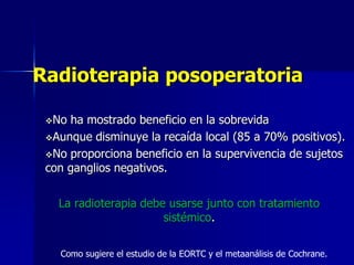 Radioterapia posoperatoria
No

ha mostrado beneficio en la sobrevida
Aunque disminuye la recaída local (85 a 70% positivos).
No proporciona beneficio en la supervivencia de sujetos
con ganglios negativos.
La radioterapia debe usarse junto con tratamiento
sistémico.
Como sugiere el estudio de la EORTC y el metaanálisis de Cochrane.

 