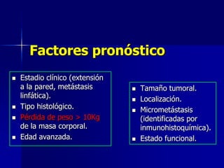 Factores pronóstico







Estadio clínico (extensión
a la pared, metástasis
linfática).
Tipo histológico.
Pérdida de peso > 10Kg
de la masa corporal.
Edad avanzada.








Tamaño tumoral.
Localización.
Micrometástasis
(identificadas por
inmunohistoquímica).
Estado funcional.

 