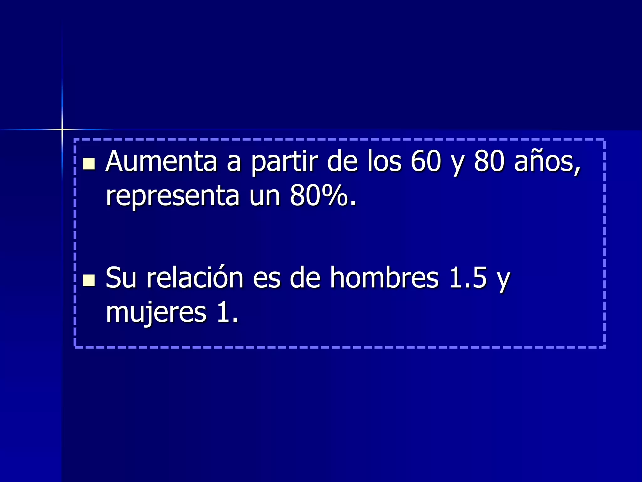 



Aumenta a partir de los 60 y 80 años,
representa un 80%.
Su relación es de hombres 1.5 y
mujeres 1.

 
